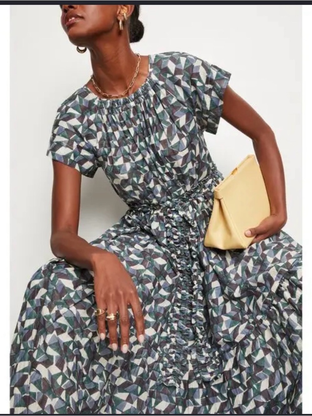 NWT Mirth Vienna Smocked Neck Geometric Maxi Dress in Teal and Gray